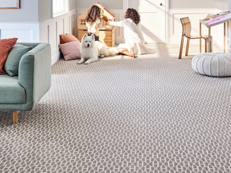 woman, child and dog laying on carpet